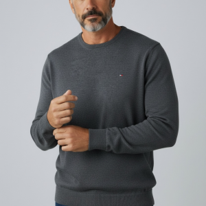 Pull Col Rond en Coton Gris - Tommy Hilfiger