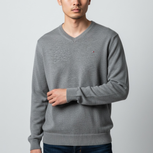 Pull Col V en Coton Gris - Tommy Hilfiger
