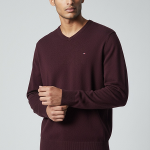 Pull Col V En Coton Bordeaux - Tommy Hilfiger