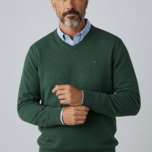 Pull Col V en Coton Vert - Tommy Hilfiger