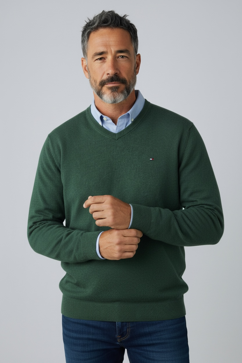 pull-col-v-en-coton-vert-tommy-hilfiger