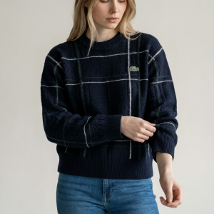 Pull à Carreaux en Maille Structurée Bleu Marine - Taille