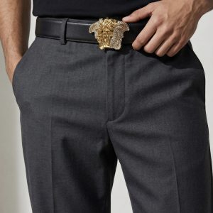 Ceinture Medusa en Cuir Noir avec Cristaux