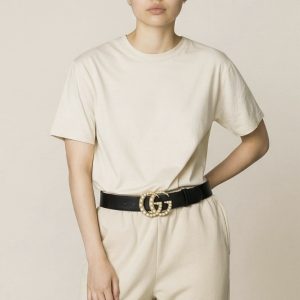Ceinture en Cuir Noir Boucle Double G Finitions Perles - Gucci