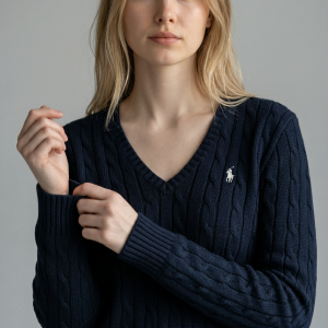 Pull Torsadé en Coton Bleu Marine Col V - Ralph Lauren