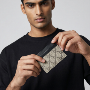 Porte-Cartes en Toile Monogram et Cuir Noir - Gucci