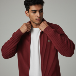 Veste Côtelée Zippée en Laine Rouge - Lacoste