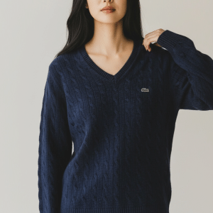 Pull Torsadé Col V en Laine Bleu Marine - Lacoste