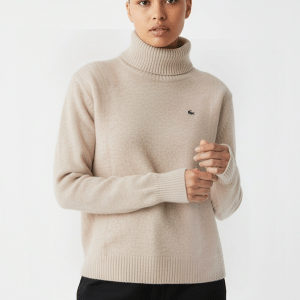 Pull à Col Roulé en Laine Beige - Lacoste
