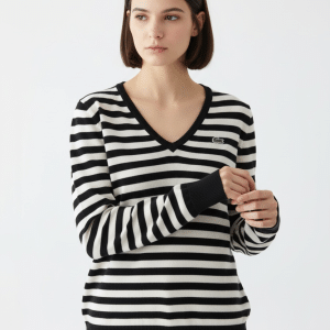 Pull Rayé en Coton Noir et Blanc - Lacoste
